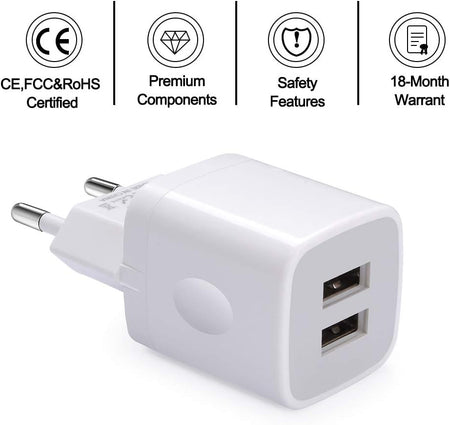 European Wall Charger, 2-Pack USB 2.1AMP Universal Europe Charger Block Dual Port Plug Compatible for Iphone 15 14 13 12 11 Pro Max XS XR X SE 8 7 6 Plus, Samsung S23 S22 A14, Note 20,Lg,Moto