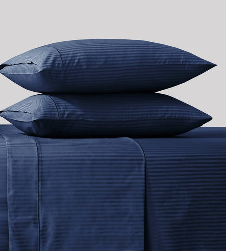 Feather & Stitch 500 Thread Count California King Size Cotton Sheets Dark Blue 4 Piece Damask Stripe Sheet Set 18 Inch Deep Pocket Sateen Weave Striped Sheets with 2 Pillowcases Luxury Bedding