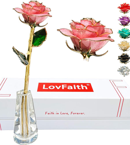 24K Gold Dipped Real Rose with Crystal Stand, Anniversary Valentines Day Romantic Gift for Her Wife Mom