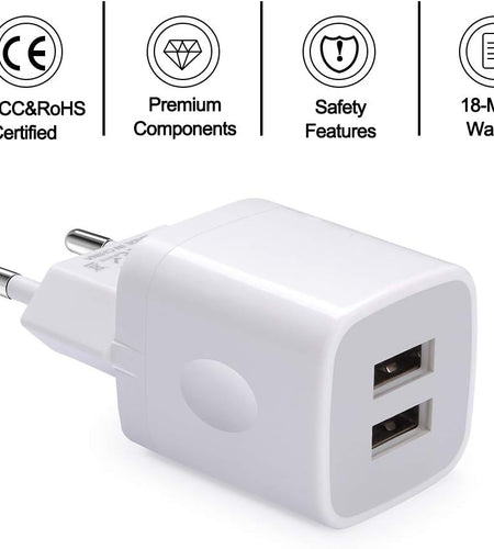 European Wall Charger,  2-Pack USB 2.1AMP Universal Europe Charger Block Dual Port Plug Compatible for Iphone 15 14 13 12 11 Pro Max XS XR X SE 8 7 6 Plus, Samsung S23 S22 A14, Note 20,Lg,Moto