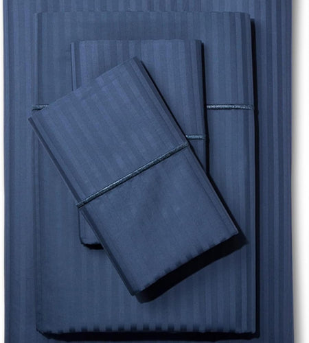 Feather & Stitch 500 Thread Count California King Size Cotton Sheets Dark Blue 4 Piece Damask Stripe Sheet Set 18 Inch Deep Pocket Sateen Weave Striped Sheets with 2 Pillowcases Luxury Bedding
